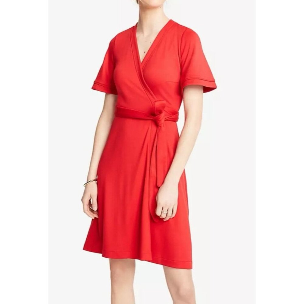 Ann Taylor Wrap Dress 8 Red Classic Stretch Short Sleeve Career Washable